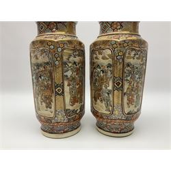 Pair of Japanese Satsuma vases decorated with four panels of figures in a landscape setting between patterned borders, character marks to the base, together with another pair of Satsuma vases and well bucket, largest vase H47cm