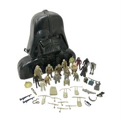 Star Wars - Darth Vader carry case c.1980 with eighteen retro figures to include Princess Leia, Luke Skywalker, Emperor Palpatine, R2D2 etc and quantity of unattributed weapons and accessories 