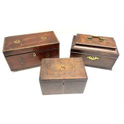 Three George III tea caddies, comprising mahogany example with brass escutcheon and handle to the hinged cover, opening to reveal a later red velvet lined interior, H13.5cm, another mahogany example, and yew example, both with shell and patera inlaid detail 