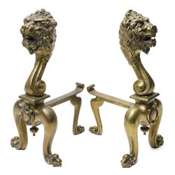 Pair of late 19th/early 20th century cast bronze fire dogs with lion masks and paw feet H37cm