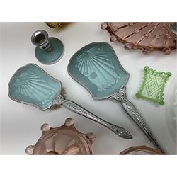 Swedish Svenskt Glass limited edition blue glass salmon, modelled by Paul Hoff, together with two vintage moulded coloured glass dressing table sets with jars and trays, spinning shot glass holder with abstract design glasses and an Art Deco vase, etc 
