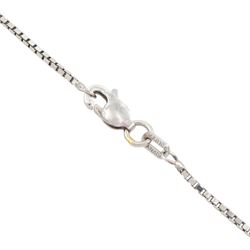 14ct white gold graduating three stone, round brilliant cut diamond pendant, on 10ct white gold box link chain necklace, both stamped, total diamond weight approx 0.65 carat