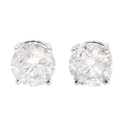 Pair of 18ct white gold round brilliant cut diamond stud earrings, total diamond weight 1.74 carat