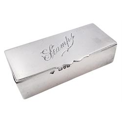 Late Victorian silver stamp box, of plain rectangular form, the hinged cover engraved 'Stamps', opening to reveal a gilt interior, hallmarked Mappin Brothers, Chester 1900, L7.5cm, approximate weight 1.89 ozt (58.8 grams)