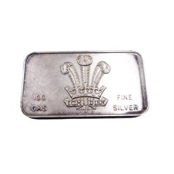 Three 20th century silver Royal commemorative bars/ingots, each marked 100 GMS Fine Silver and bearing the Prince of Wales emblem, each contained within a fitted case, and presentation box, with accompanying certificates, approximate total silver weight 9.72 ozt (302.2 grams)