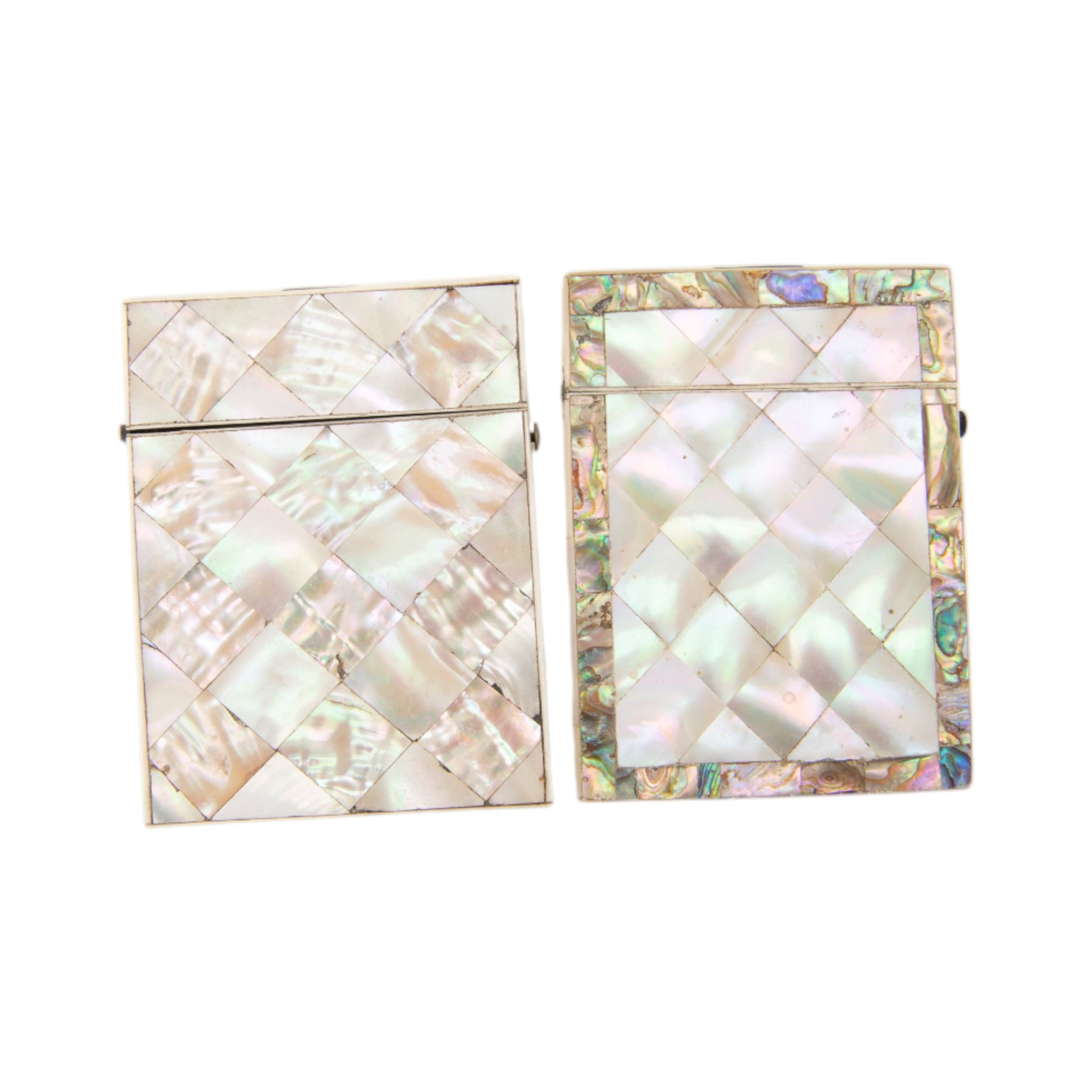 Two Victorian mother of pearl card cases, each approximately H10.5cm W8cm, together with two mother of pearl shell boxes, largest L7.5cm