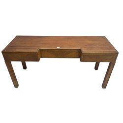Art Deco mahogany and walnut inverted break front console table, fitted with three drawers each with sunburst design veneered facias, raised on square supports with rectangular carved insets
