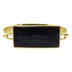 9ct gold rectangular Whitby jet, wide bangle by C W Sellors, Sheffield 1996