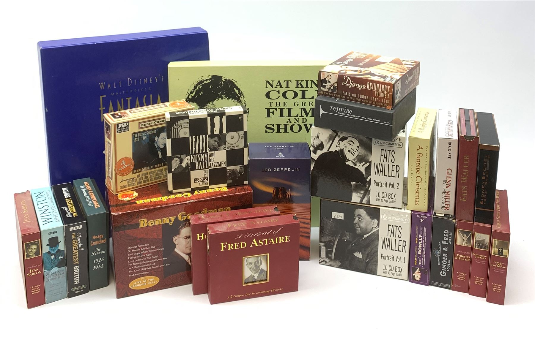 Assorted Jazz and other CD box sets including Frank Sinatra, Gillie Holiday, Ella Fitzgerald, Benny Goodman, Glen Miller, 'Big Band Box, Nat King Cole, Disney, benny Goodman 20 CD box set etc in two boxes