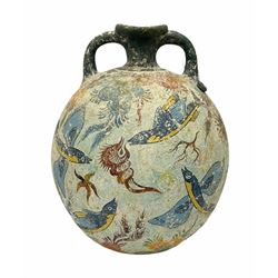 Reproduction Ancient Greek twin handled vase of ovoid form, in the style of Crete Minoan period 1500 B.C, adorned with colourful sea scene of coral and blue fish upon light blue ground, stamped 'From Krete' beneath, H27cm