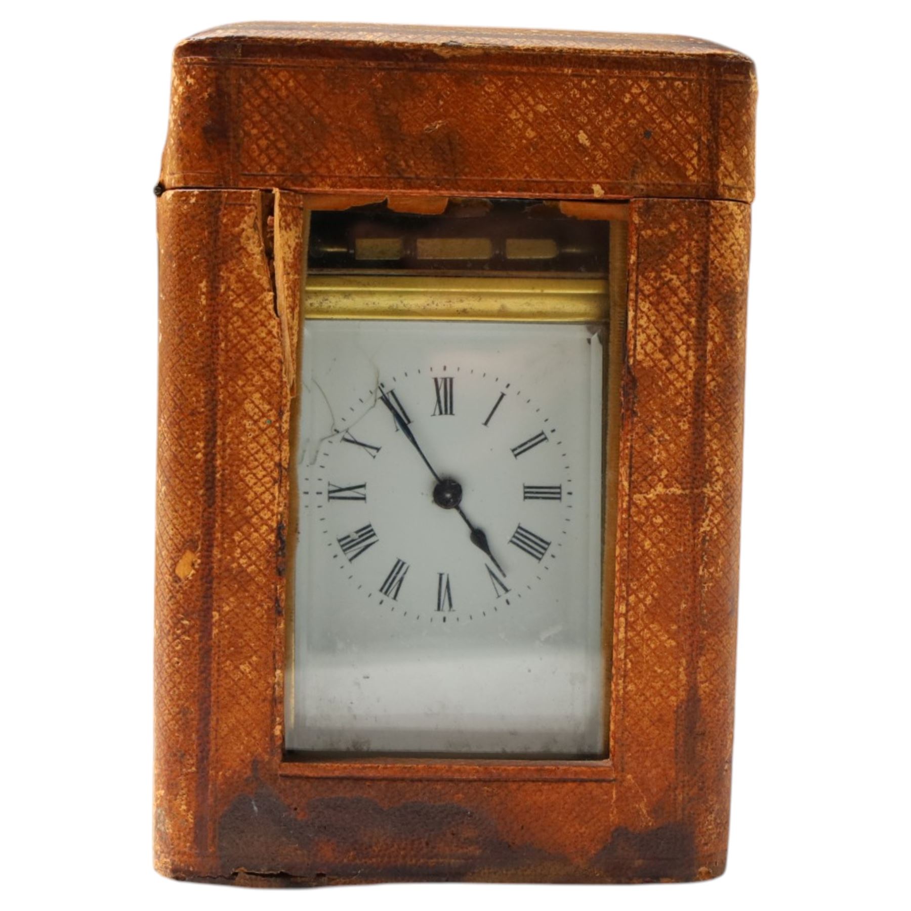 Carriage clock in brass and bevelled glass case and outer leather travelling case, stereo viewer, box of Dr Wells Stereoscopic Charts, large Monarch magnifying glass and other optical items