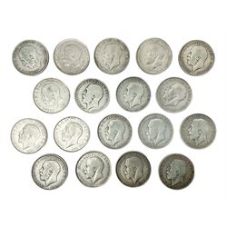 Eighteen King George V pre 1920 silver one florin coins, dated 1911, seven 1912, two 1913 and eight 1914, approximately 200 grams