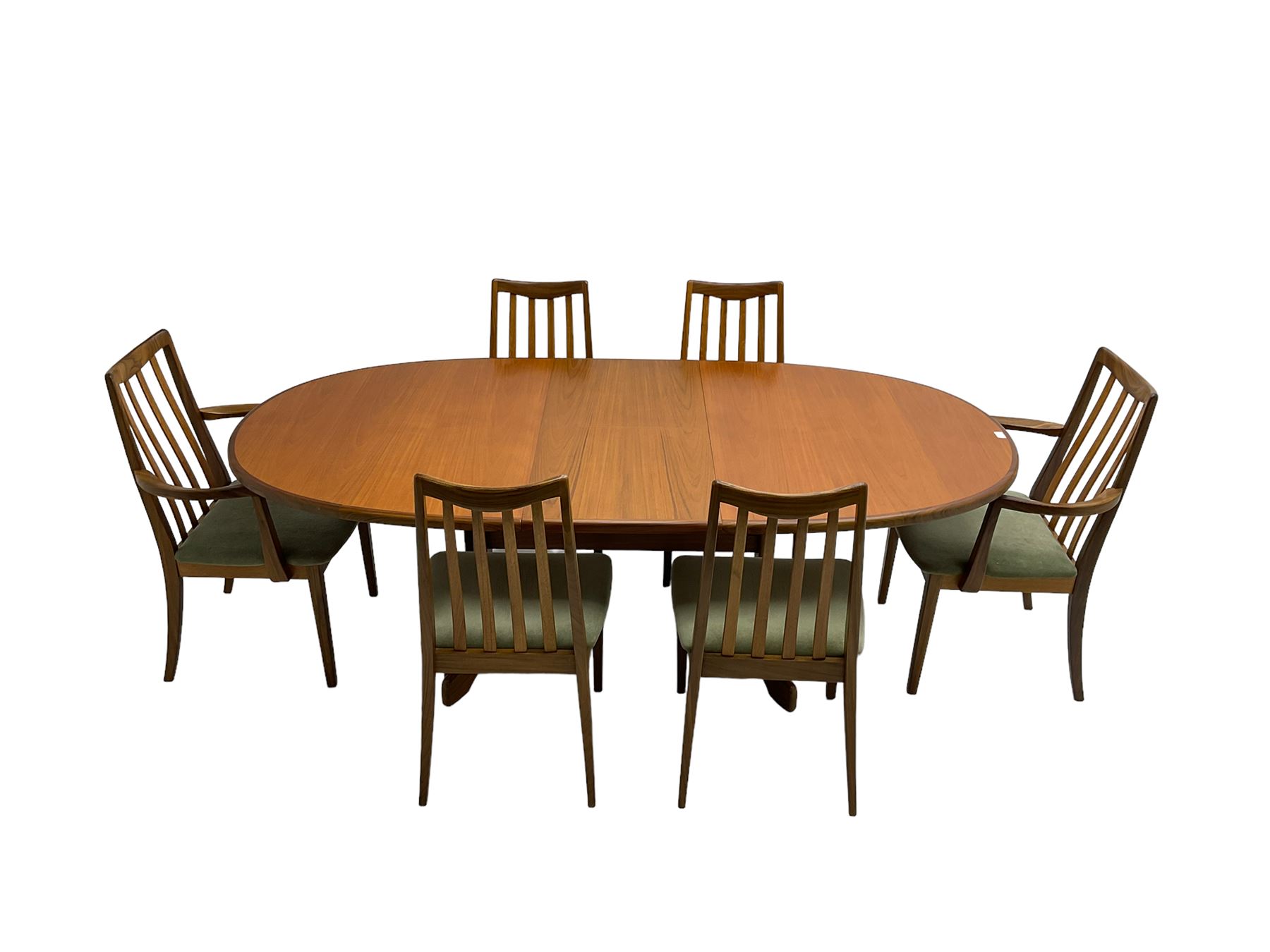 GPlan 'Fresco' mid20th century oval teak extending dining table, with six high back chairs