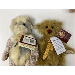 Seven Charlie Bears, comprising limited edition Anniversary Cheesecake SJ5471, designed by Isabelle lee, 431/500, Nuala CB185169, Liddy CB161648A, Philomena CB151592, and AJ CB171784B, each designed by Isabelle Lee, plus Shenanigans CB205243O, and another example lacking tag 