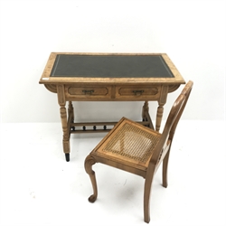 Late Victorian Aesthetic inlaid elm and birds eye maple dressing table, inset green leather top, two drawers, turned supports joined by gallery stretcher (W95cm, H73cm, D53cm) and an early 20th century walnut bedroom chair with vase shaped splat, on cabriole supports with scroll carved knees and scroll terminals (W49cm)
