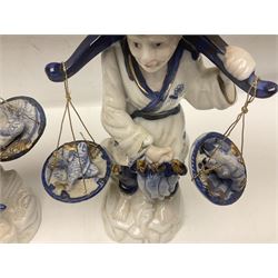 Pair of blue and white fisherman figures, H25cm