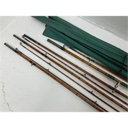 Four split cane fly fishing rods, three made by Burn of Selsdon, the four unmarked, housed in rod bags and a card tube