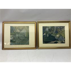 Eight framed prints, including an alice in wonderland print