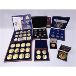  Collection of mostly modern commemorative coins and coin sets including 'The Royal Wedding Prestige Coin Set', 'The 1953 Coronation of Queen Elizabeth II Year Set', various photographic coins, 2015 'V.E. Day 70th Anniversary Commemorative 65mm Crown Coin' etc, some with certificates  