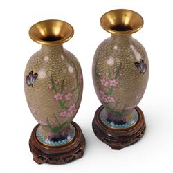 Pair of Cloisonné vases decorated with cherry blossom and peonies, upon a carved hardstone wooden base, H24cm 