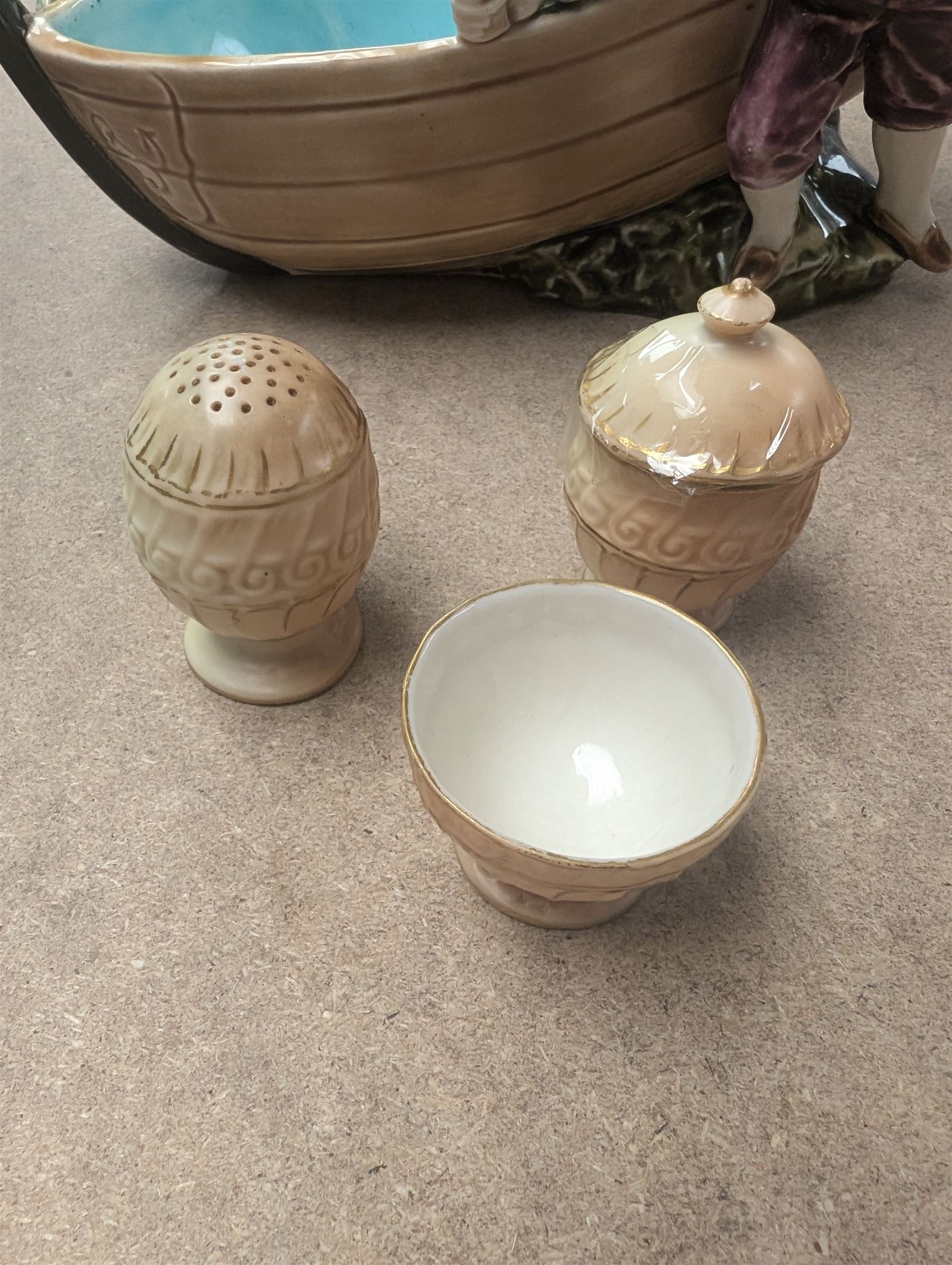 Royal Doulton Kew Gardens vase, signed J Price, together with a Royal Worcester blush ivory three piece cruet set, a Ernst Wahliss ewer, etc 