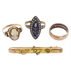 Victorian and later gold jewellery including rose gold wedding band, bar brooch, cameo ring, all stamped or hallmarked 9ct and a silver and gold enamel and paste sweetheart ring