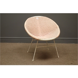  Retro basket chair in white and pink finish, on metal supports  