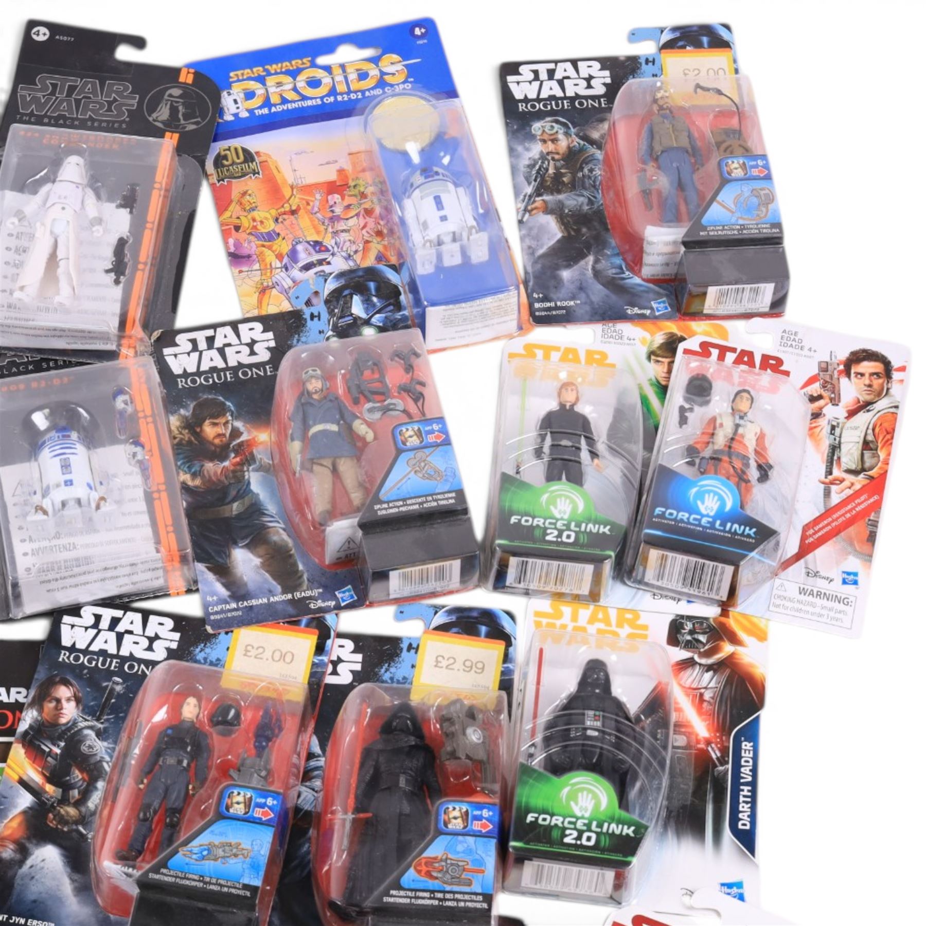 Thirty Star Wars figures, comprising seventeen Hasbro Kenner Solo, The Force Awakens, Rogue One and The Last Jedi examples, four Hasbro Force Link figures Luke Skywalker, Darth Vader, Poe Dameron and C-3P0, Hasbro Kenner Droids Artoo-Detoo R2-D2 figure and eight The Black Series figures #21 Luke Skywalker, #16 C-3P0, #24 Snowtrooper Commander, #06 Darth Vader, #17 Princess Leia, #11 Chewbacca, #09 R2-D2 and #01 Padme Amidala, all carded