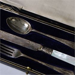 Silver Christening set, comprising spoon, fork and mother of pearl handled knife with engraved initials, together with a silver spoon and pusher set, all hallmarked, in fitted cases