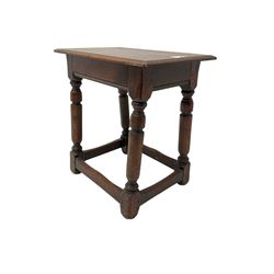 Oak coffin or joint stool, rectangular top with shaped edge over splayed turned supports with stretcher base 