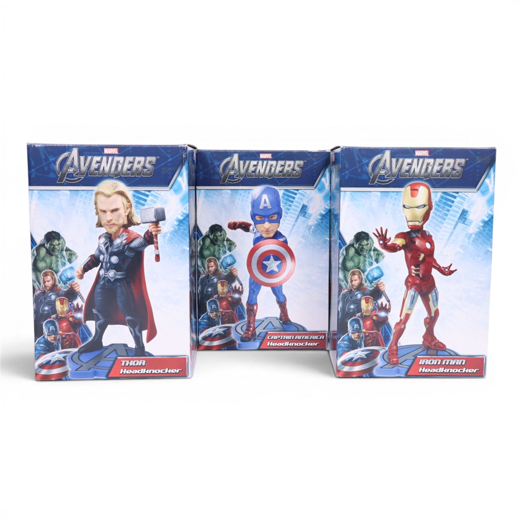 Three Neca Marvel The Avengers Headknockers, Captain America, Iron Man and Thor, all boxed