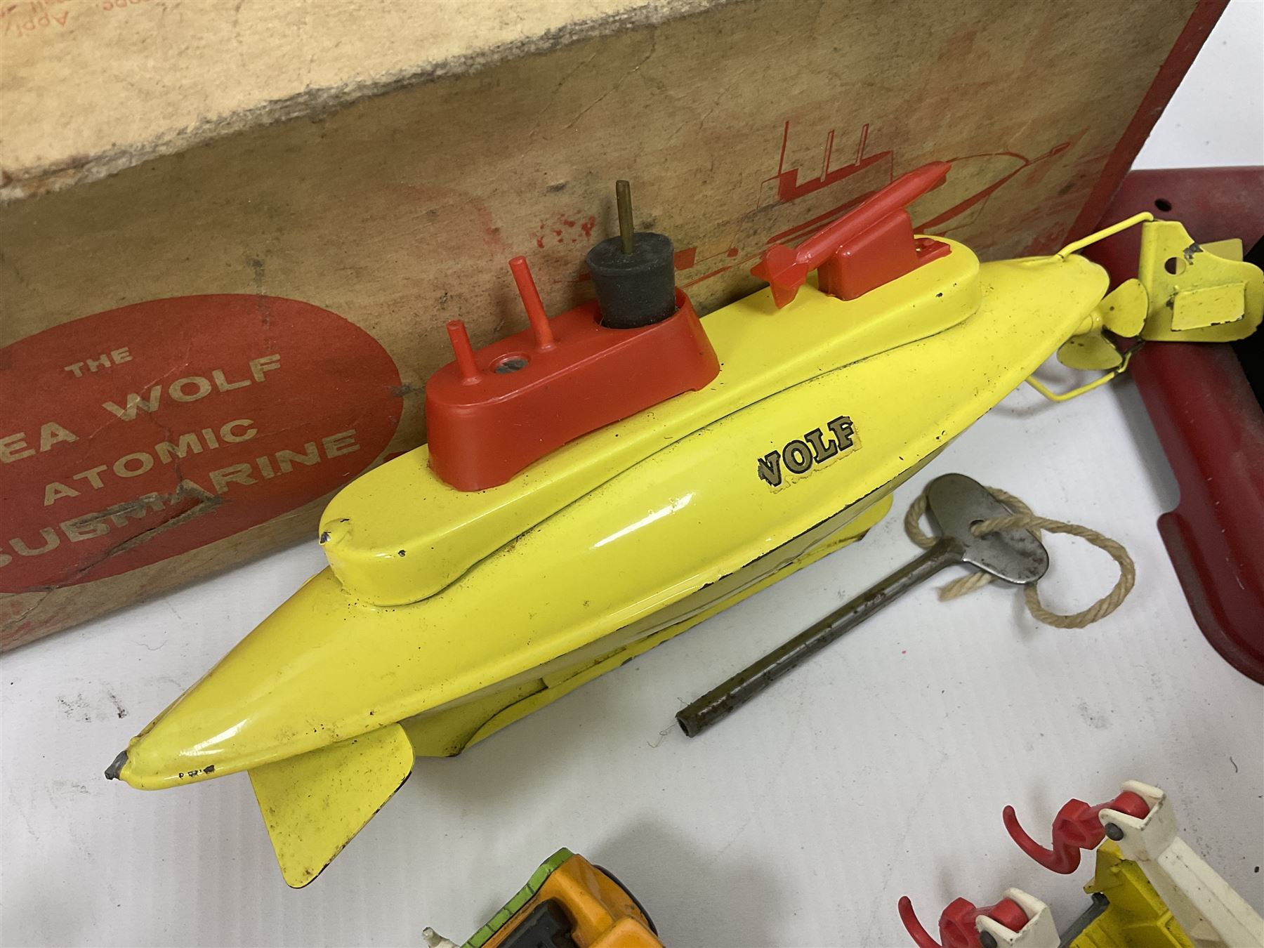 Sutcliffe ‘Sea Wolf’ clockwork atomic submarine, boxed; Mamod SP2 Steam Engine, lacking chimney; with quantity of playworn die-cast vehicles to include Corgi, Matchbox etc