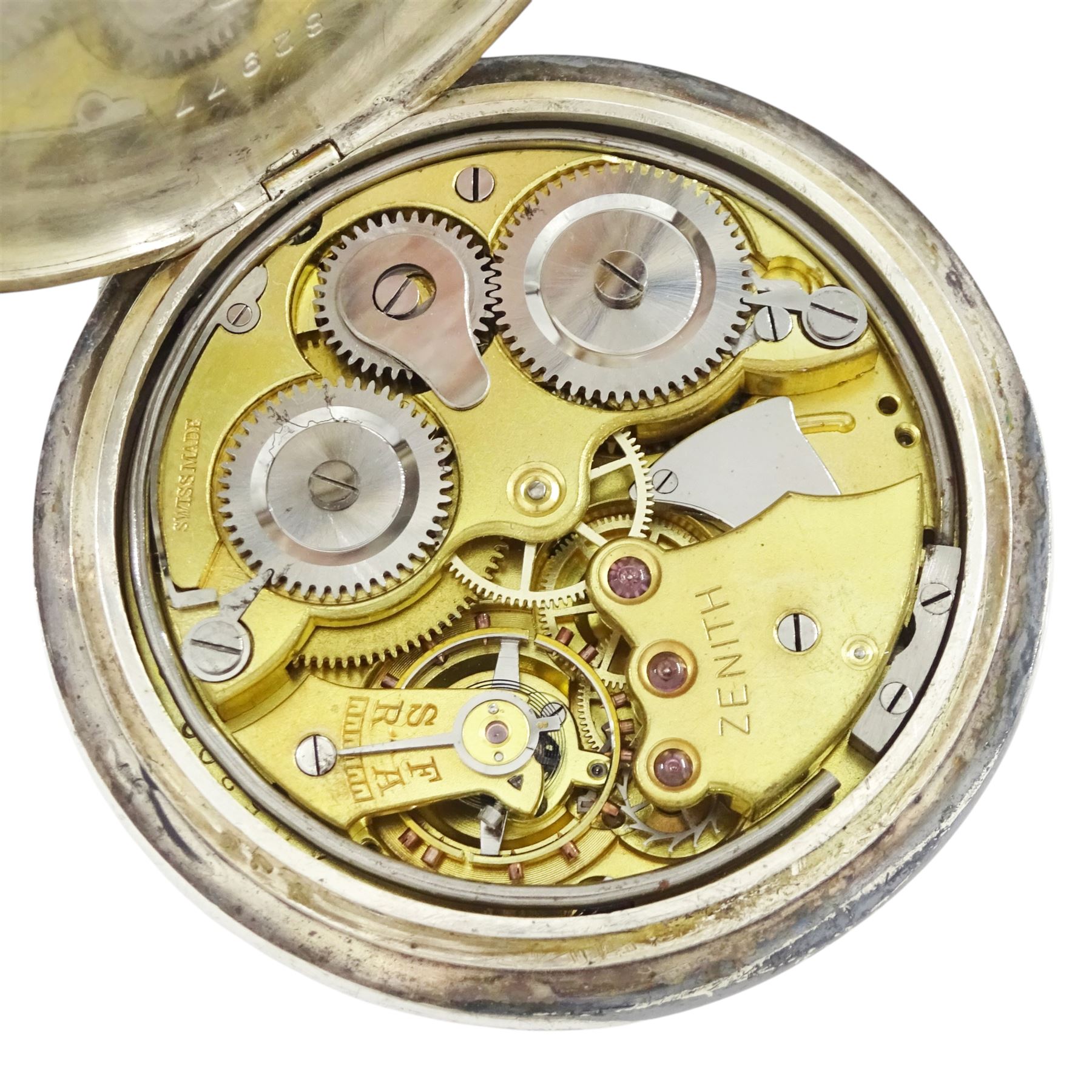 Early 20th century silver open face keyless lever alarm pocket watch by Zenith, white dial with Arabic hour markers and subsidiary seconds dial, retailed by Brook & Son, Edinburgh, case No. 82977, Glasgow import mark 1917
