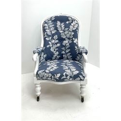 Victorian Spoon Back Chair, upholstered in blue ground fabric with white floral pattern, turned supports and castors