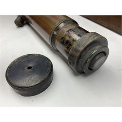 Early 20th century brass and black japanned gunsighting telescope inscribed 'G.S. Telescope X8 No.2127 W.G. Pye & Co Cambridge 1918 No.18' with X graticule to lens L53cm; in wooden box marked 'Gunsighting Telescope'