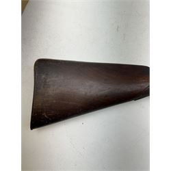 19th century single barrel percussion fire shotgun, muzzle loader, walnut stock with chequered grip and engraved steel fittings, the 84cm (33