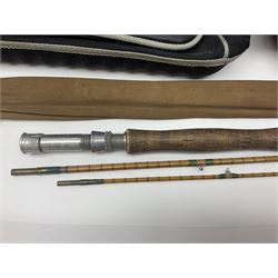 Collection of fishing memorabillia and equipment, including an Allcocks three piece split cane trout fly rod, Shakespeare Salt 3600 surf rod, two tackle bags, Old Red Seastreak multiplier reel, Sportext Saltwater fixed spool reel, fishing dvds, etc