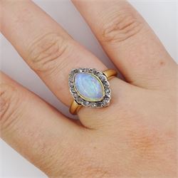 19th / early 20th century silver and gold, marquise cut opal and rose cut diamond cluster ring, stamped 18ct