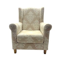 Chatsworth hardwood-framed armchair upholstered in cream  damask, with rolled arms and cushioned seat, raised on square tapered feet