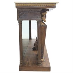 20th century carved hardwood console table in Renaissance taste, moulded marble slab top over a frieze decorated with festoons and roundels, the angles carved with grotesque mask brackets, supported by six fluted columns with carved mask and paw feet terminals, on a stepped plinth base with mirrored back