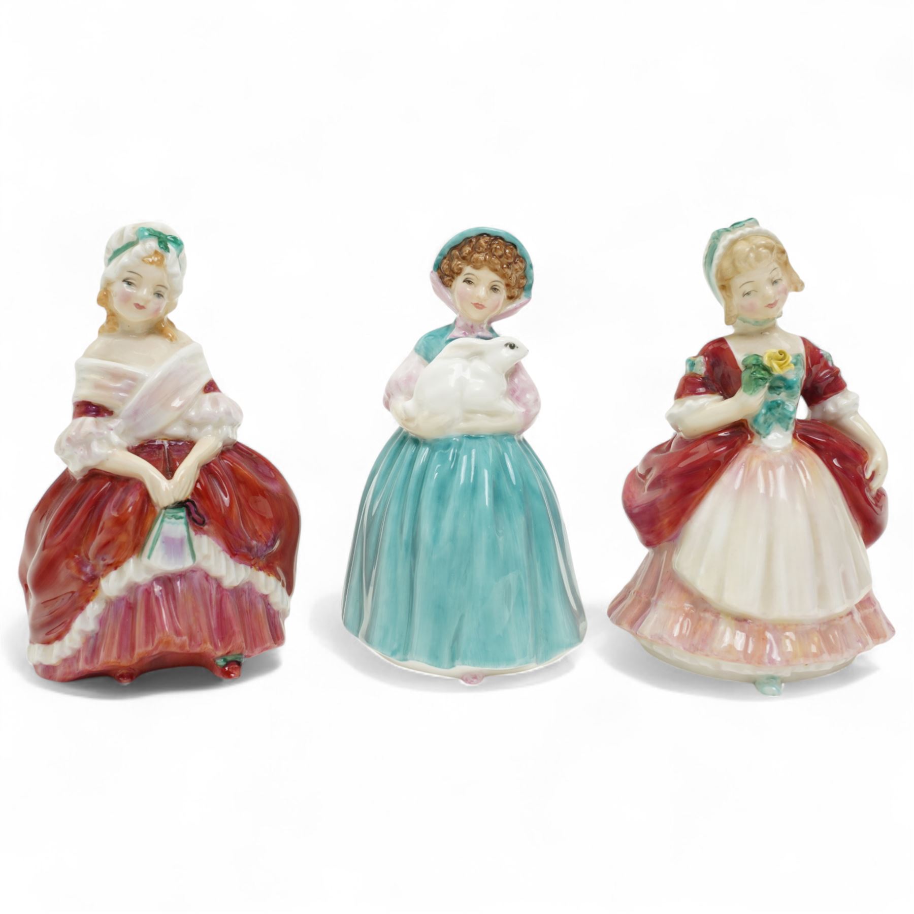 Collection of nine Royal Doulton figures, comprising 'Top o' The Hill' HN1834, 'Goody Two Shoes' HN2037, 'A Child From Williamsburg' HN2154, 'Spring' HN1885, 'Valerie' HN2107, 'Janine' HN2461, 'Bunny' HN2214, 'Peggy' HN2038 and 'Penelope' HN1901 (9)
