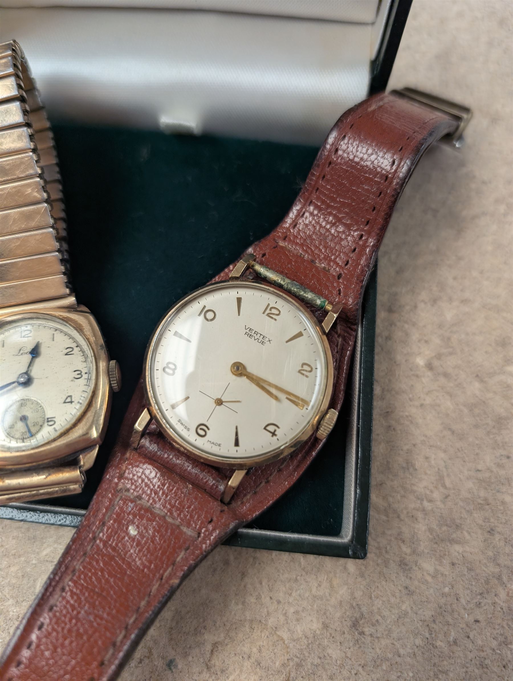Two 9ct gold cased wristwatches, to include Vertex Revue presentation wristwatch on leather strap and Leda wristwatch on base metal strap