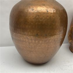 20th century brass carriage lantern, with six glass panels and eagle finial, together with a copper coal scuttle and hammered copper vase, lantern H77cm