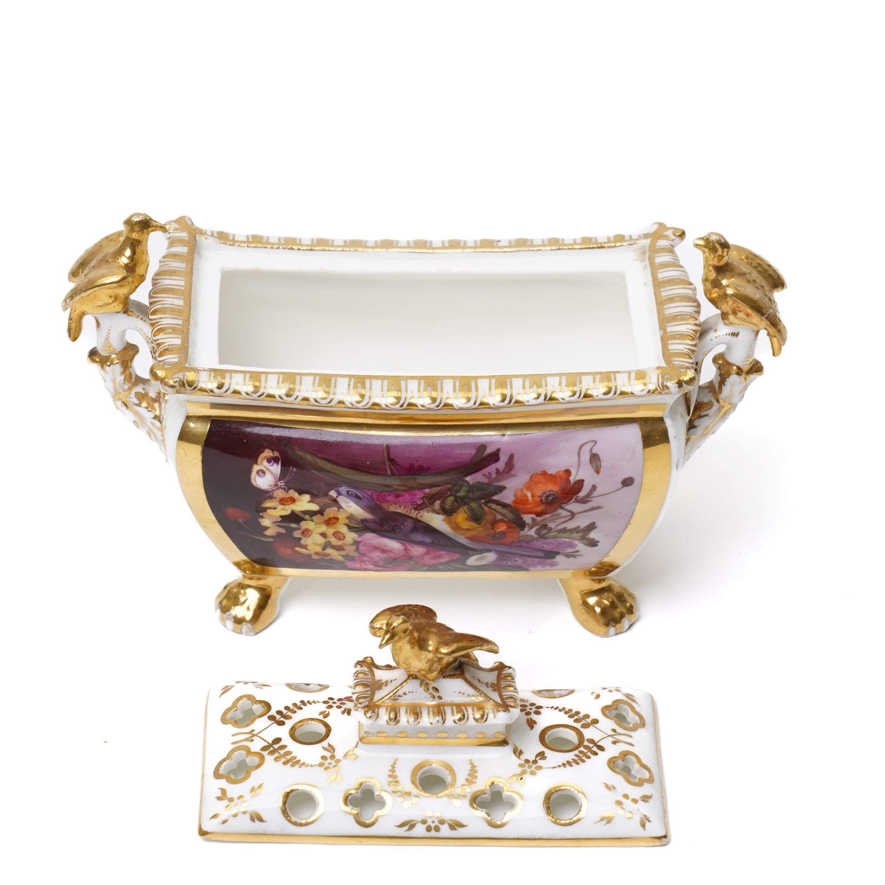 Early 19th century bough pot, hand-painted to each side with birds, modelled with bird lift and two birds perched on handles in gilt, unmarked but in the manner of Coalport, W19cm