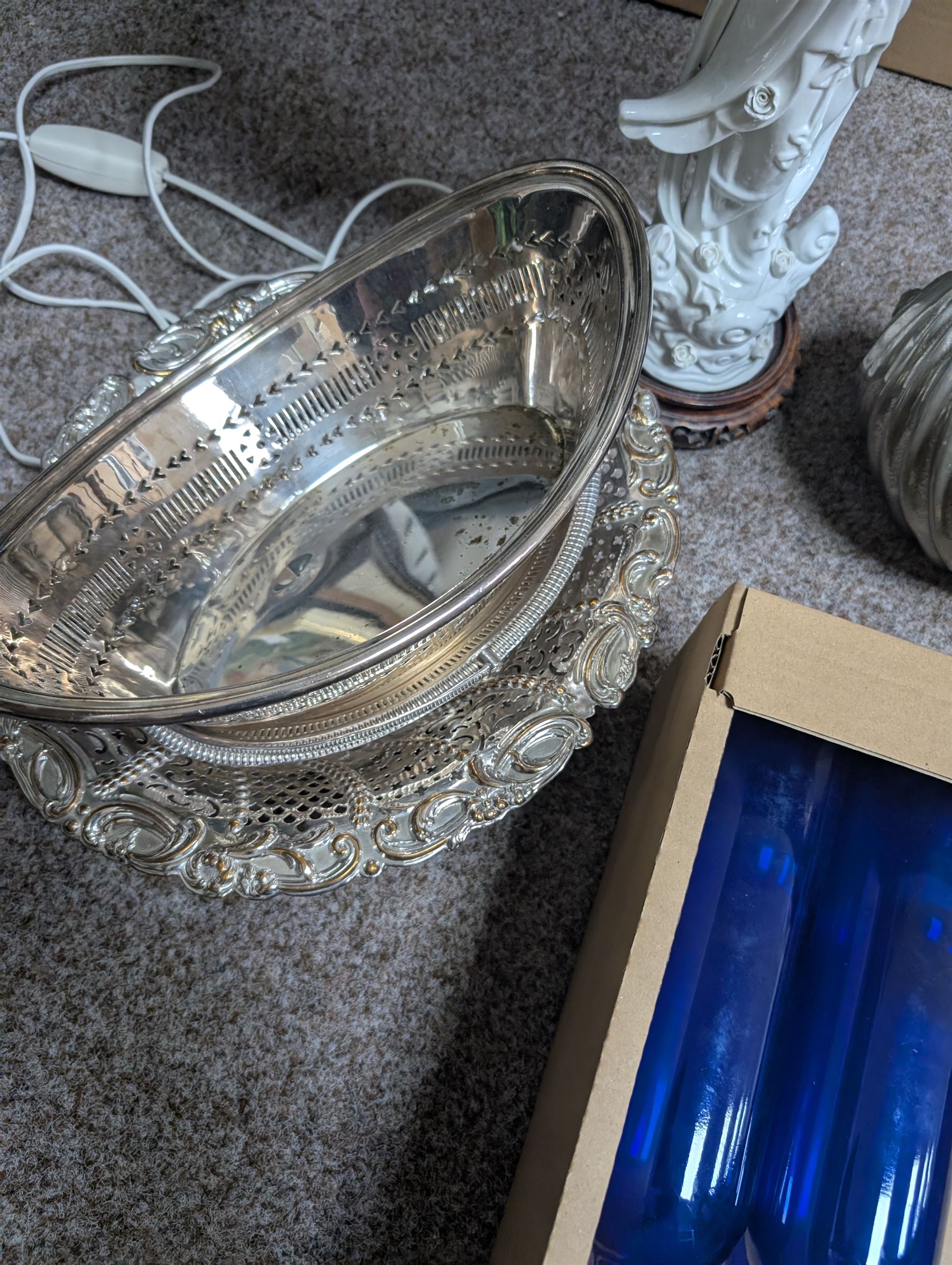 Bristol blue jug, silver and Sheffield plate, Blanc-de-Chine table lamp and a cast shell bowl, etc 