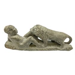 Carved stone sculpture of a figure group of a man and lion, H12cm, L32cm