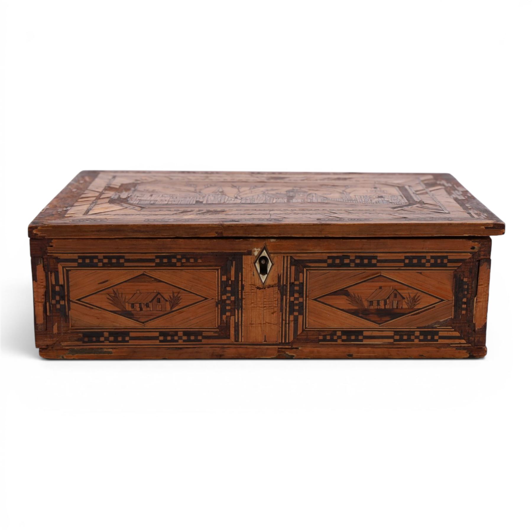 Napoleonic prisoner of war straw work box, the exterior with panels of buildings in geometric borders, the interior of the hinged lid opening to reveal two compartments with hinged covers decorated with flowers, H8cm, D16cm