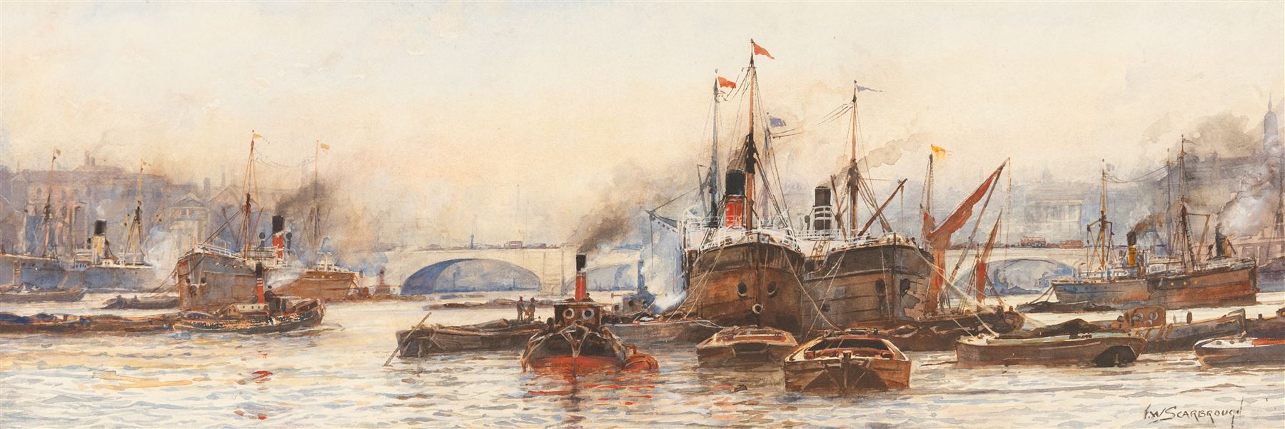Frederick William Scarborough (British 1860-1939): Shipping on the Thames at London Bridge, watercolour signed 17.5cm x 52.5cm