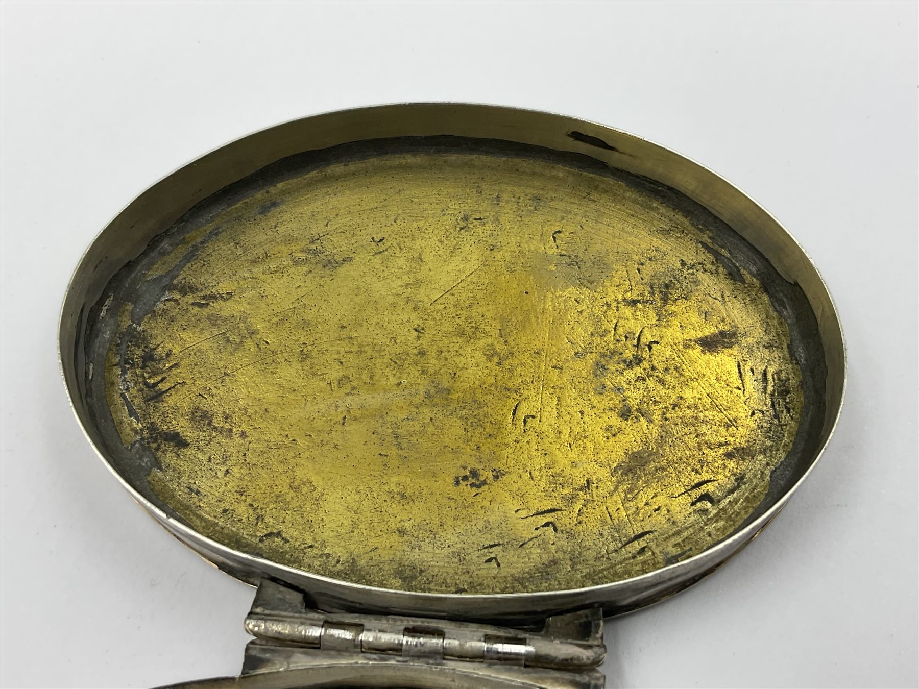 18th century silver plated oval snuff box with tortoiseshell lid inlaid with silver and mother of pearl 