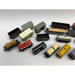 Hornby Dublo - twenty unboxed wagons including nine tank wagons for United Dairies, Traffic Services, Power Petrol, Mobile, Shell, Vacuum and Esso, covered wagons, open wagons, timber carrier, cable drum wagon etc (20)